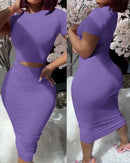 Conjunto Feminino 2 Peças – Crop Top Manga Curta + Saia Midi Justa Cintura Alta | Moda Verão 2026