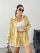 Conjunto Plus Size Edição Limitada – Camisa Amarela Elegante + Short com Cinto Oculto | Look Casual Premium Primavera/Verão