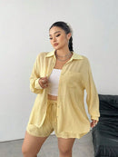 Conjunto Plus Size Edição Limitada – Camisa Amarela Elegante + Short com Cinto Oculto | Look Casual Premium Primavera/Verão