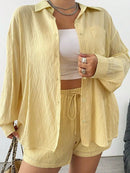 Conjunto Plus Size Edição Limitada – Camisa Amarela Elegante + Short com Cinto Oculto | Look Casual Premium Primavera/Verão