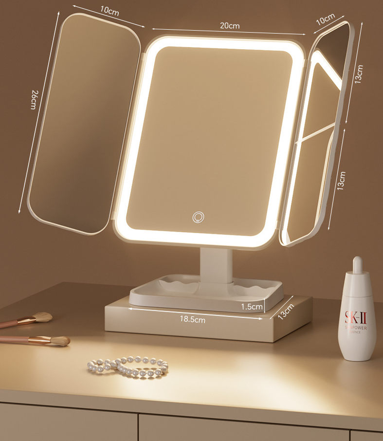 Espelho Triplo Iluminado – Espelho de Maquiagem com Luz LED Touch e Ajuste de Ângulo