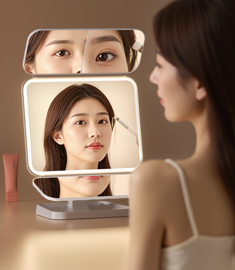 Espelho Triplo Iluminado – Espelho de Maquiagem com Luz LED Touch e Ajuste de Ângulo
