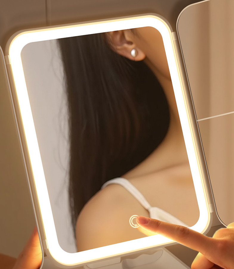 Espelho Triplo Iluminado – Espelho de Maquiagem com Luz LED Touch e Ajuste de Ângulo